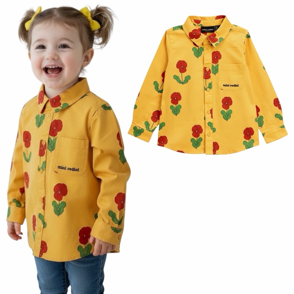 Mini Rodini Kids Organic Cotton Shirt with Red Floral Design 2-3Y